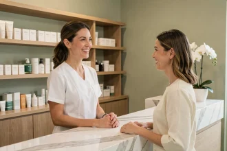 Esthéticienne accueillant une cliente à la réception d'un centre de beauté moderne avec sourire professionnel