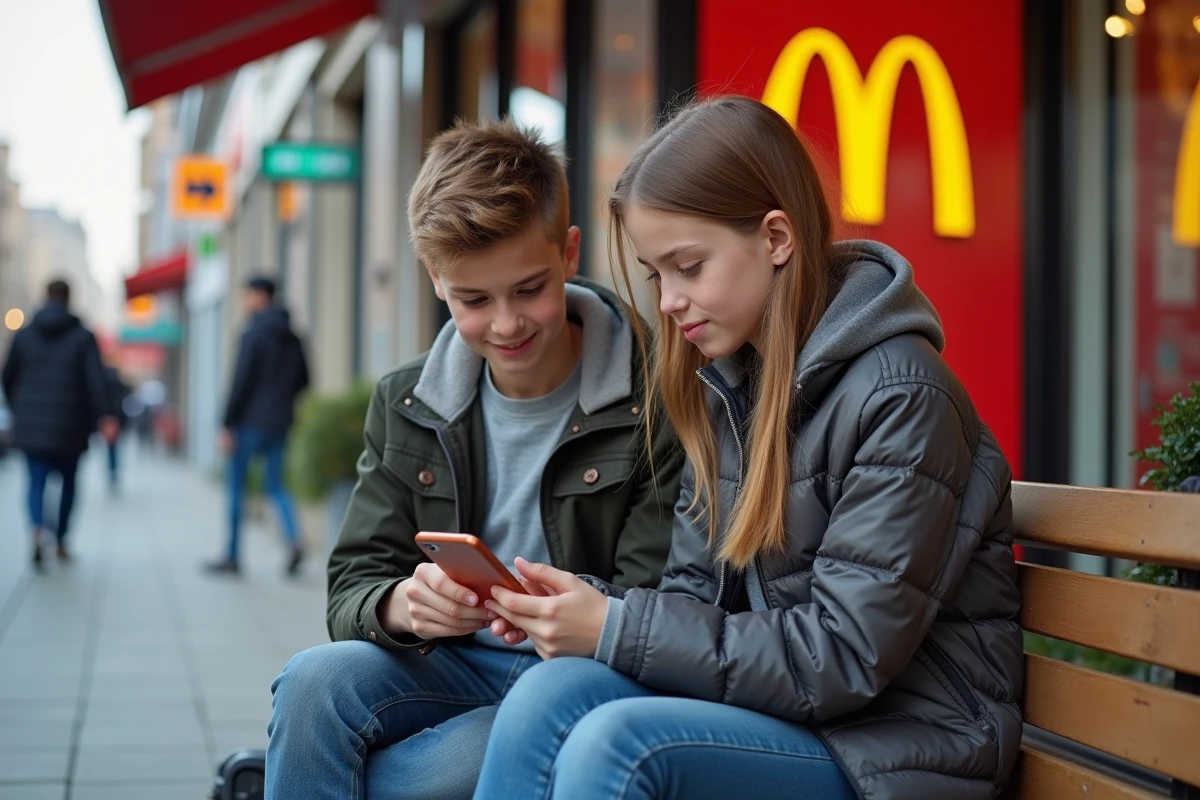 Deux adolescents consultant un smartphone devant un McDonald's pour se renseigner sur la négociation de salaire à 16 ans