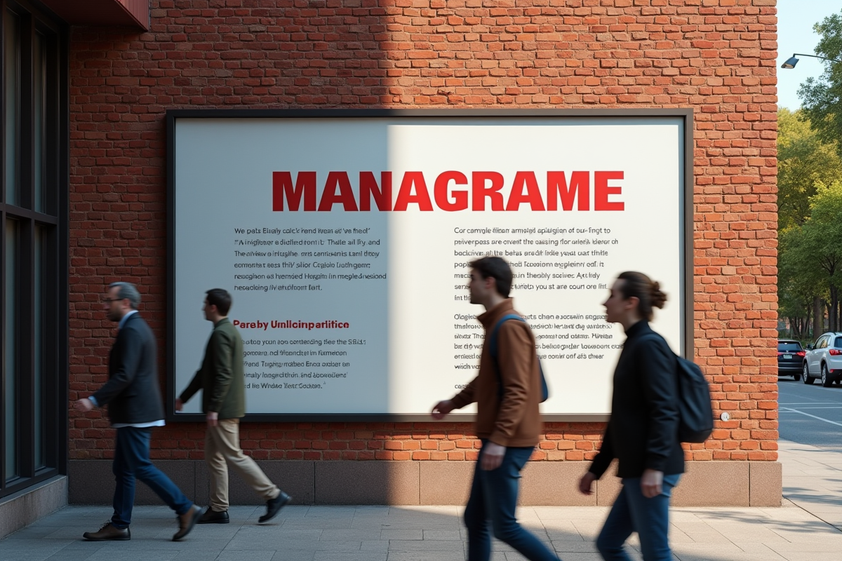 Affiche colorée sur mur en briques avec passants attirés