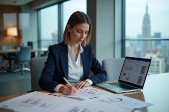 Responsable conformité dans une salle de réunion moderne examinant des documents réglementaires avec un ordinateur portable affichant des graphiques de conformité