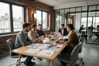 Équipe d'une agence de communication en Seine-Maritime travaillant autour d'une table de réunion avec des documents de stratégie de marque et des maquettes digitales