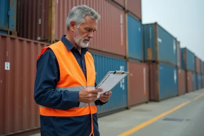 Agent de manutention au port de Marseille consultant un document de convention collective sur un clipboard devant des conteneurs