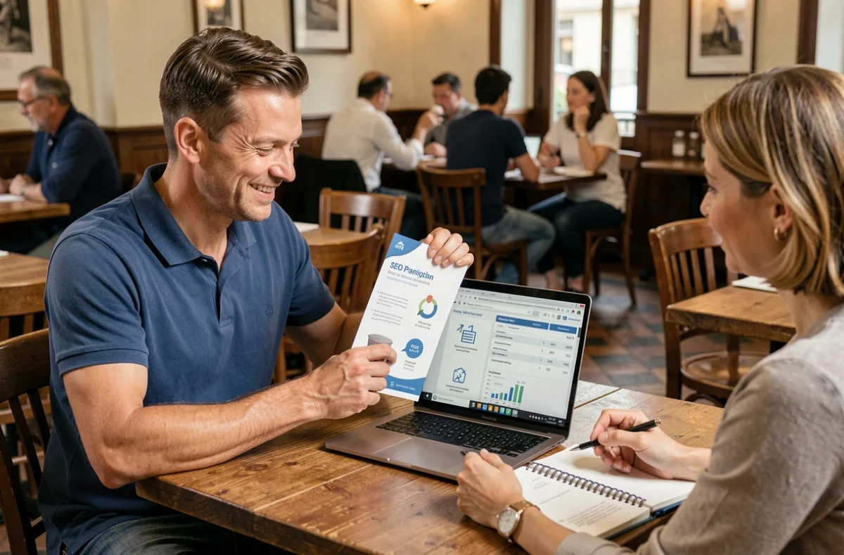 Consultant Allo SEO présentant les tarifs et l'accompagnement SEO à un client dans un café à Bordeaux