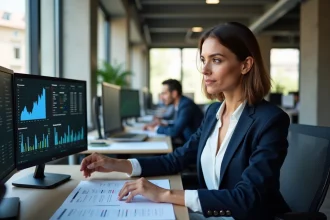 Femme analyste en PME parisienne étudiant des tableaux de bord de data marketing sur deux écrans dans un open space moderne
