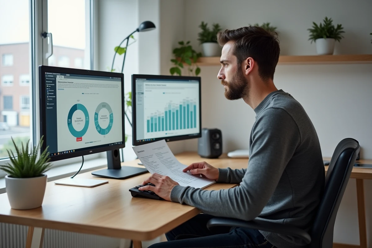 Consultant marketing digital analysant des données d'acquisition et des métriques de consumer impact marketing sur double écran en bureau home office