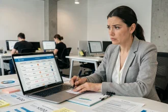 Femme analysant les tarifs et options cachées d'outils IA marketing sur son ordinateur portable au bureau