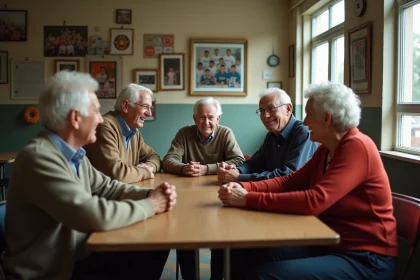 Groupe d'anciens employés souriants autour d'une table