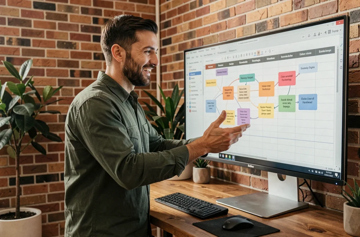 Antonin Bournat de La Patte Média, expert en SEO et stratégie de contenu, présentant un calendrier éditorial dans son studio créatif
