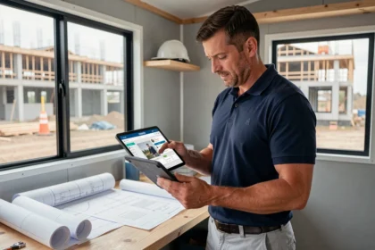 Artisan du bâtiment consultant la plateforme Proxichantier sur une tablette dans un bureau de chantier pour obtenir des clients sans casser ses prix