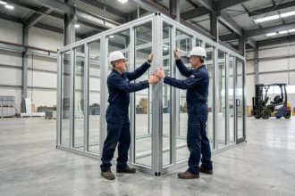 Ouvriers assemblant une salle de réunion modulaire démontable dans un site industriel à Lille