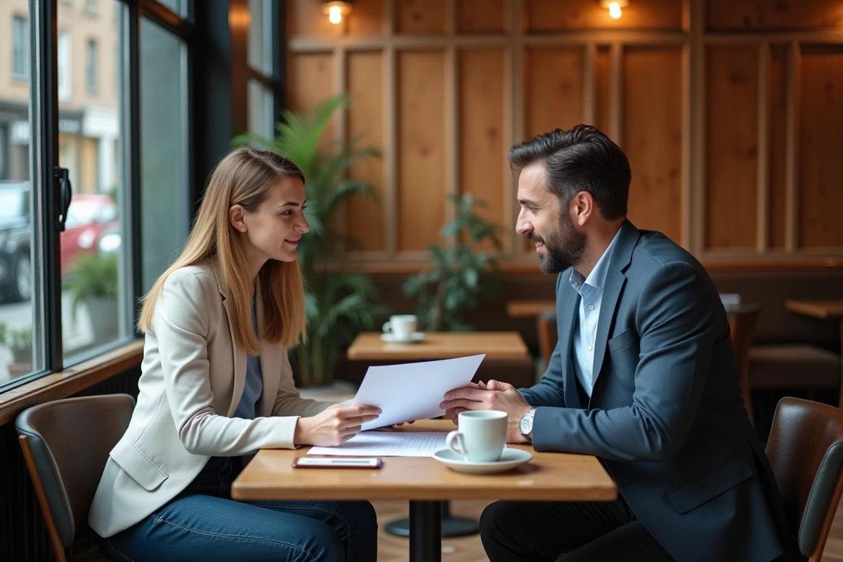 Deux associés de micro-entreprise en discussion sur leur contrat d'assurance professionnelle Loop dans un café