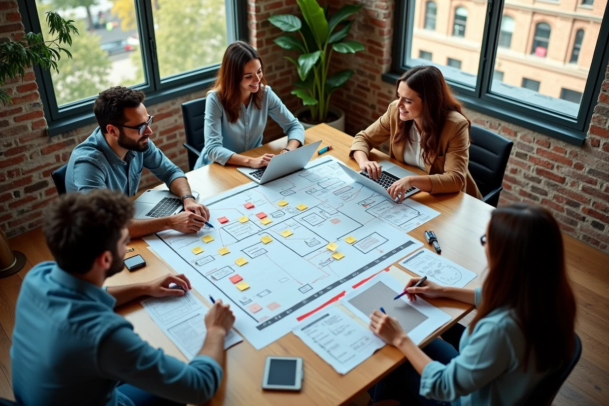 Équipe B2B en atelier collaboratif de cartographie du parcours client pour aligner marketing et forces de vente