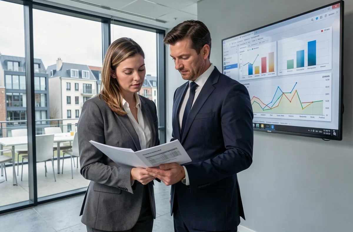 Deux auditeurs de Baker Tilly Rennes analysant des états financiers pour une entreprise de taille intermédiaire