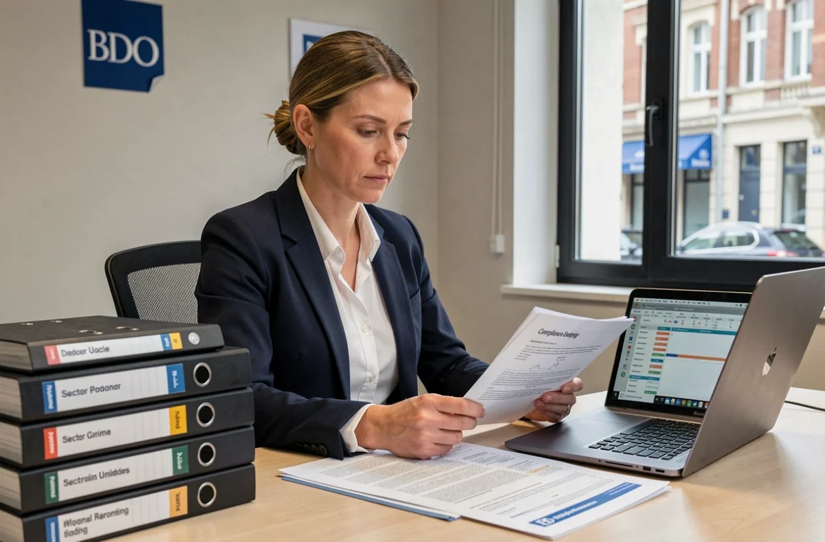 Auditrice de BDO Rennes examinant des documents d'audit légal dans un bureau institutionnel