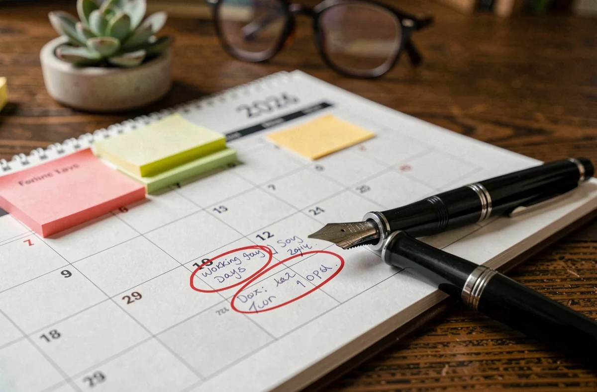 Calendrier annuel 2026 posé sur un bureau en bois avec annotations manuscrites des jours ouvrés et stylo plume