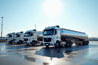 Camions citerne alignes sur un terrain industriel en plein jour