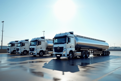 Camions citerne alignes sur un terrain industriel en plein jour