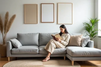 Femme assise sur un canapé modulable gris style SOFFRAN dans un salon moderne minimaliste