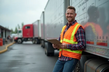 Conducteur de camion souriant devant un camion longhaul