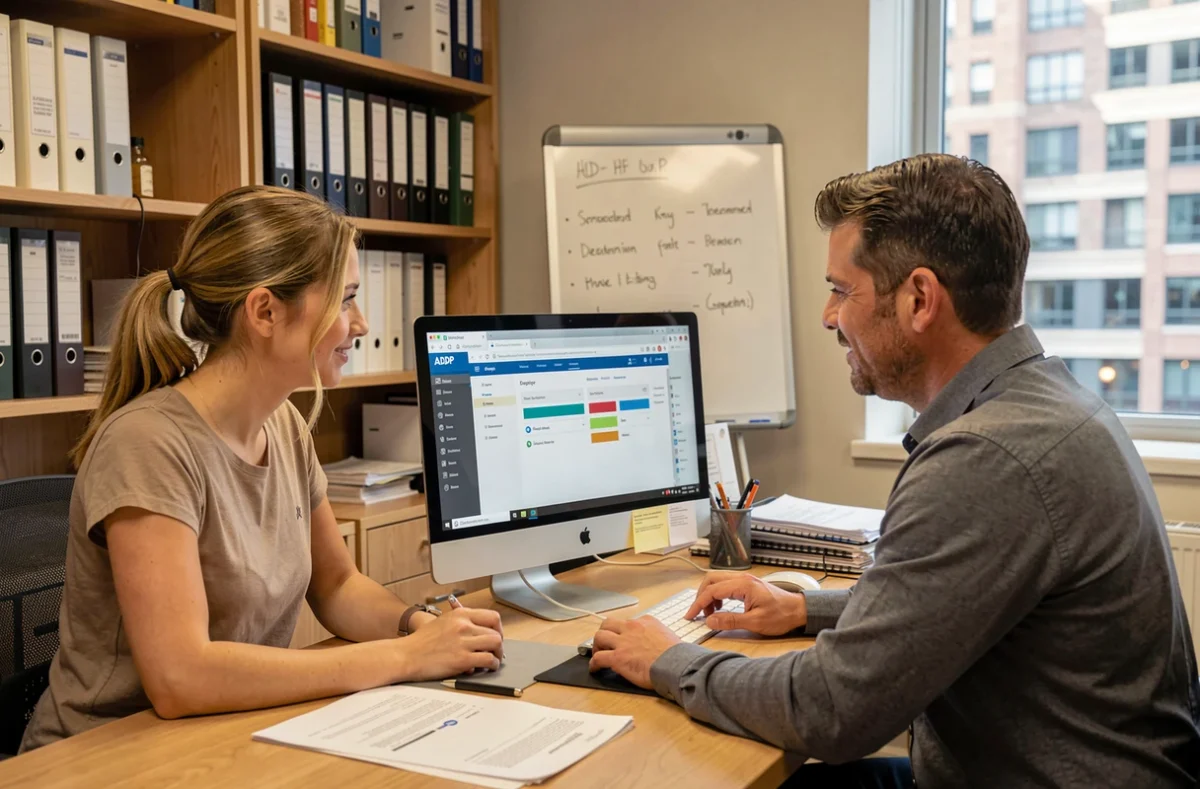 Deux collègues consultant ensemble le portail Mon ADP sur un ordinateur de bureau dans un bureau RH