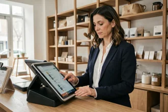 Commerçante utilisant un logiciel d'encaissement sur tablette dans une boutique PME