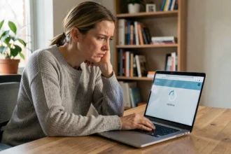 Femme frustrée devant un ordinateur portable avec une connexion lente au portail E habillement