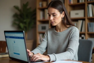 Femme troubleshootant un problème de connexion sur le portail WATERP depuis son bureau à domicile
