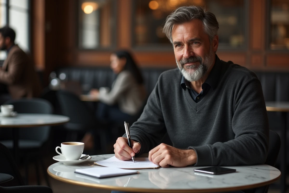 Consultant senior indépendant calculant ses tarifs dans un café parisien avec un cahier et un ordinateur portable