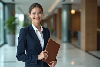 Consultante en audit Big 4 tenant un portfolio dans le hall d'une entreprise moderne, illustrant le profil recherché par les recruteurs