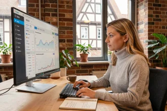 Consultante SEO analysant un tableau de bord de référencement naturel dans un espace de co-working alsacien à Strasbourg