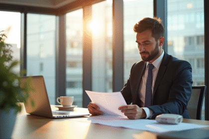 Personne confiante examinant un contrat dans un bureau lumineux