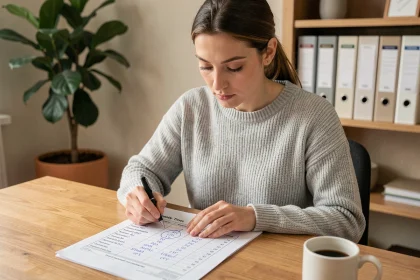 Femme consultant un relevé d'heures hebdomadaire à son bureau à domicile pour contrôler son temps de travail