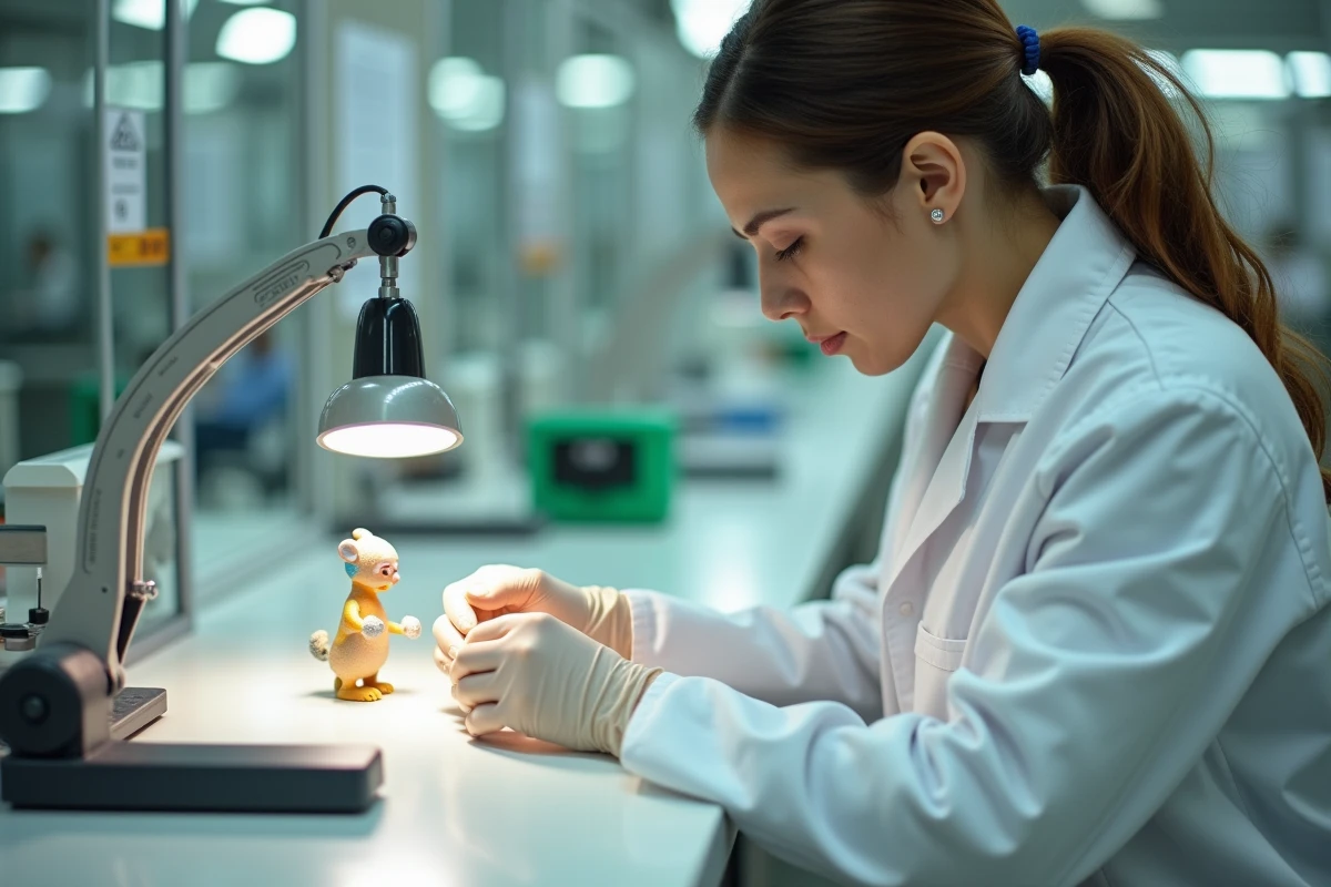 Technicienne en blouse blanche réalisant un contrôle qualité sur une figurine Playmobil dans un laboratoire de test de sécurité des jouets