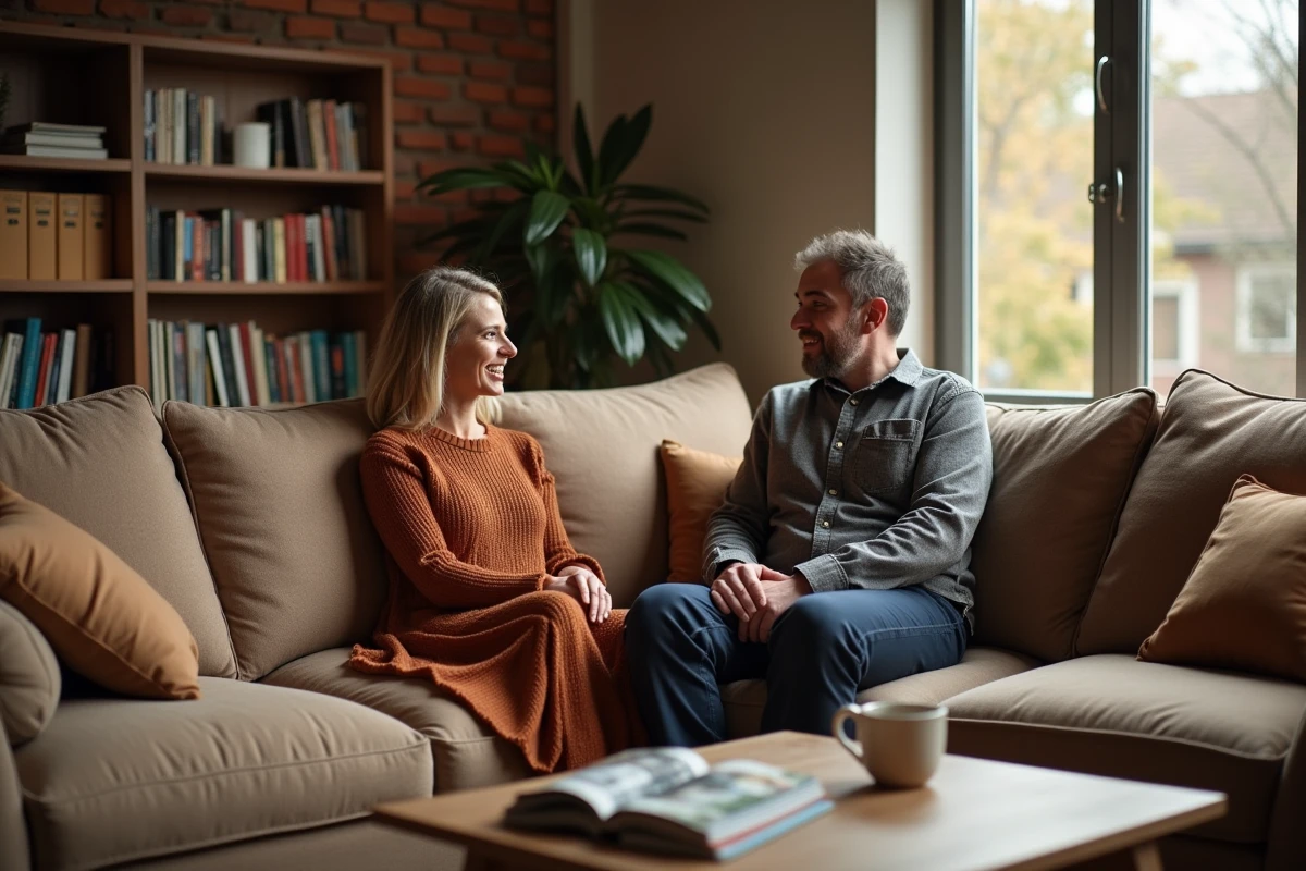 Couple discutant sur un grand canapé en L taupe dans un salon familial chaleureux et authentique