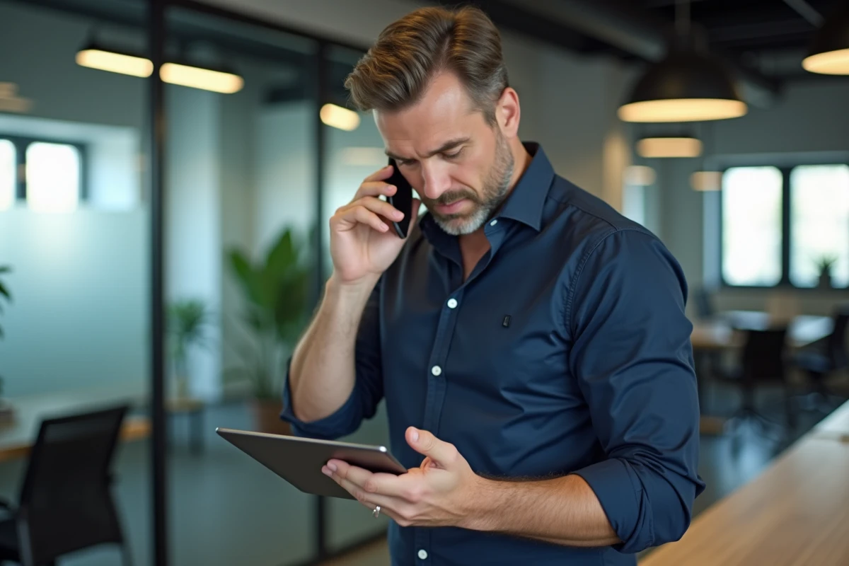 Entrepreneur en train de créer sa micro-entreprise dans un espace de coworking, consultant un formulaire d'immatriculation sur tablette