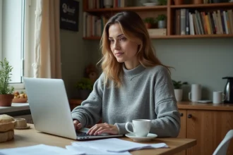 Femme créant sa micro-entreprise depuis son domicile, assise à une table en bois avec un ordinateur portable et des documents administratifs