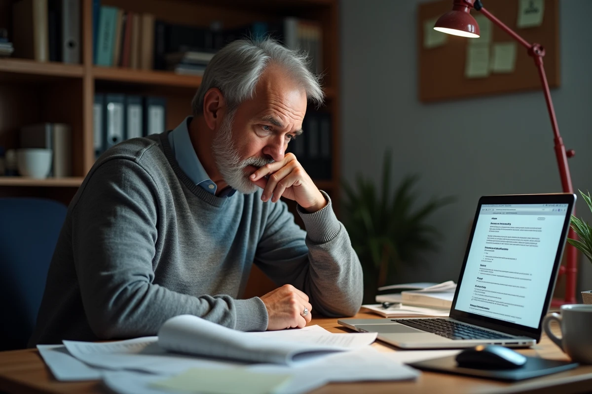 Homme à son bureau à domicile entouré de documents juridiques et d'un ordinateur, illustrant les démarches administratives complexes après un licenciement pour faute lourde et la perte de droits au chômage