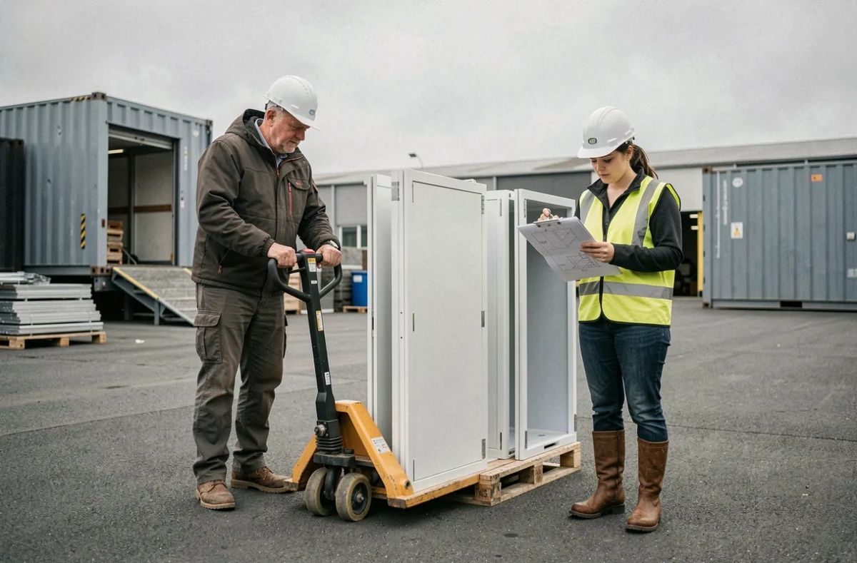 Démontage et déplacement de panneaux modulaires de salle de réunion dans une cour industrielle à Lille