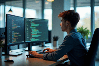 Jeune developpeur concentré sur C code au bureau lumineux