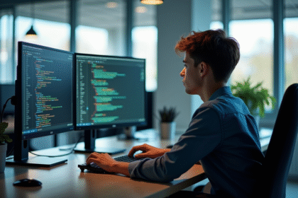 Jeune developpeur concentré sur C code au bureau lumineux