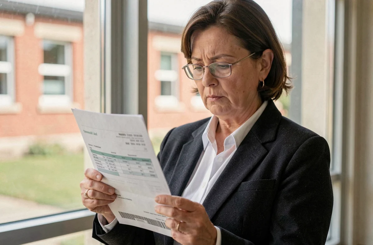 Directrice d'école lisant attentivement son bulletin de salaire de l'éducation nationale avec des lunettes de lecture