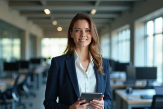 Dirigeante d'une scale-up technologique tenant une tablette dans un bureau moderne en open space, illustrant le leadership différenciant de Neos Wave