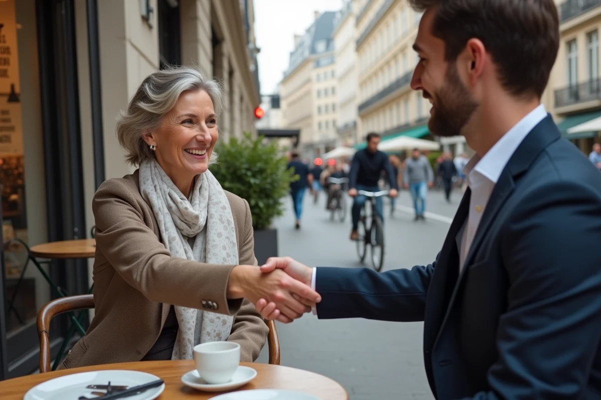 Femme et jeune entrepreneur se serrant la main en terrasse de café à Paris