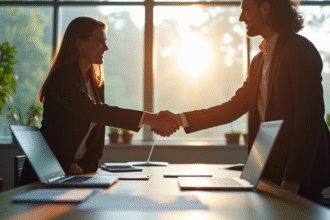 Professionnels serrant la main dans un bureau lumineux