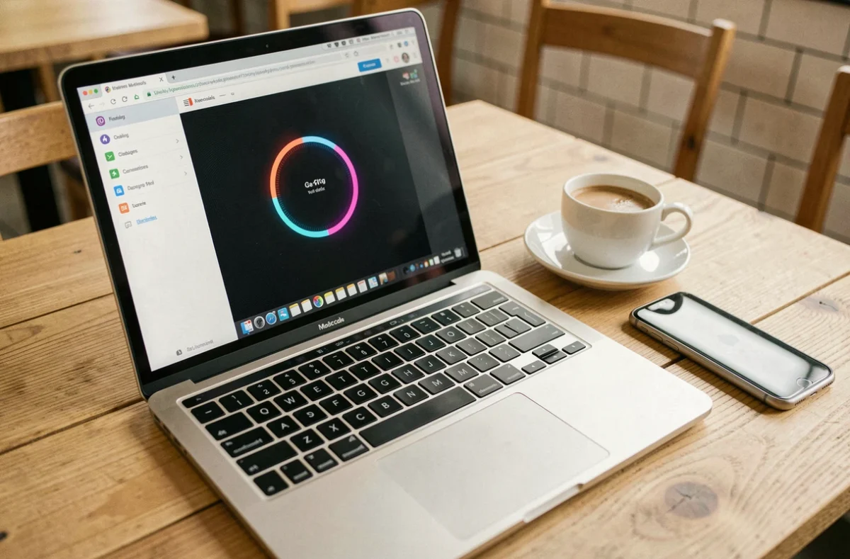 Écran d'ordinateur affichant un portail en chargement lent avec café et smartphone sur un bureau en bois