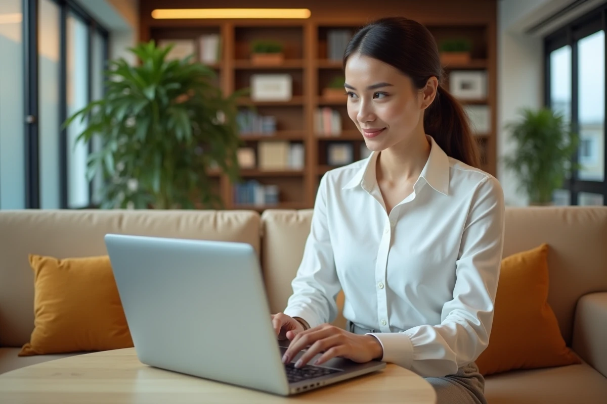 Jeune employée accédant aux services RH en ligne sur son ordinateur portable dans un espace collaboratif d'entreprise