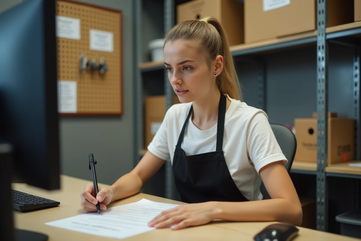 Employée de commerce remplissant une déclaration de vol pour son assureur en arrière-boutique