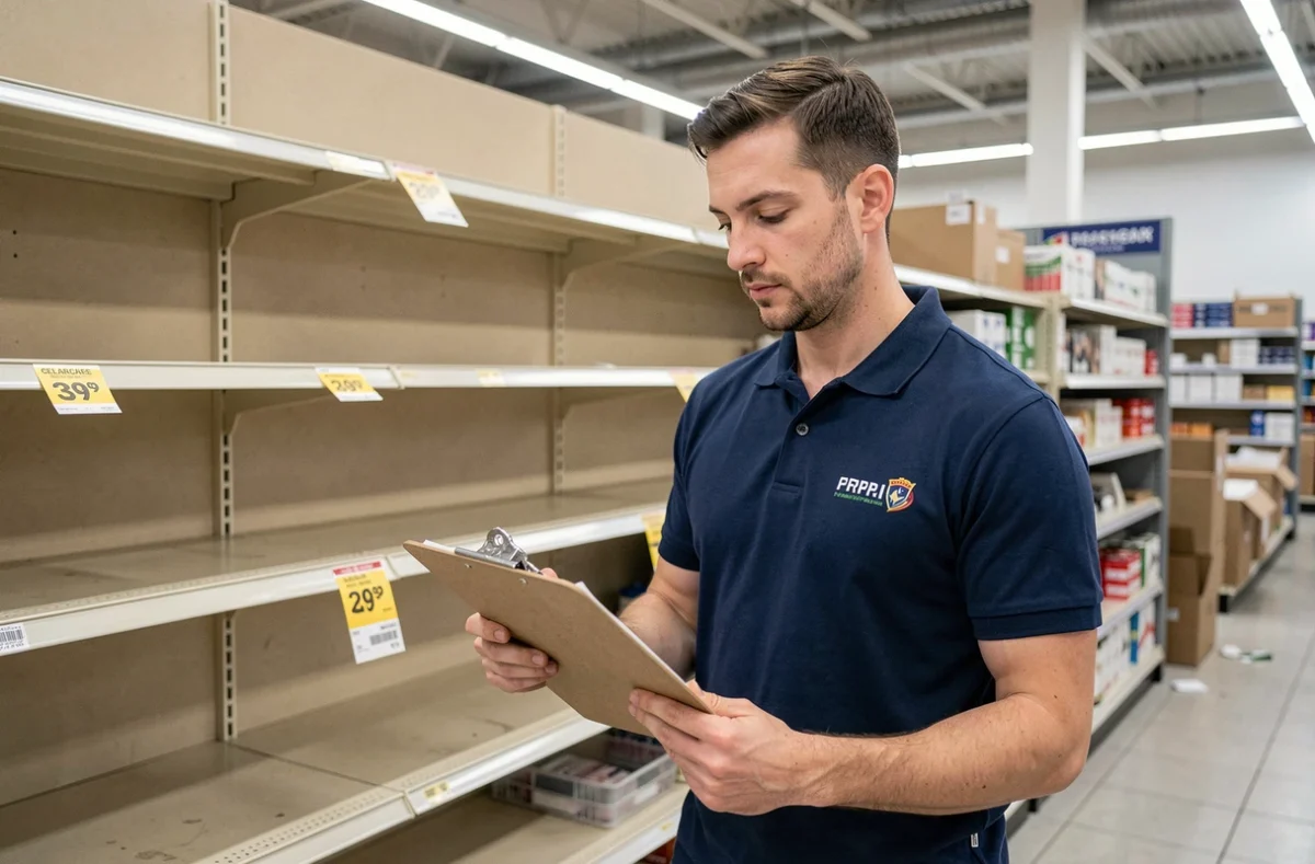 Employé de magasin GiFi réalisant l'inventaire dans un rayon vidé lors d'une liquidation avant fermeture définitive