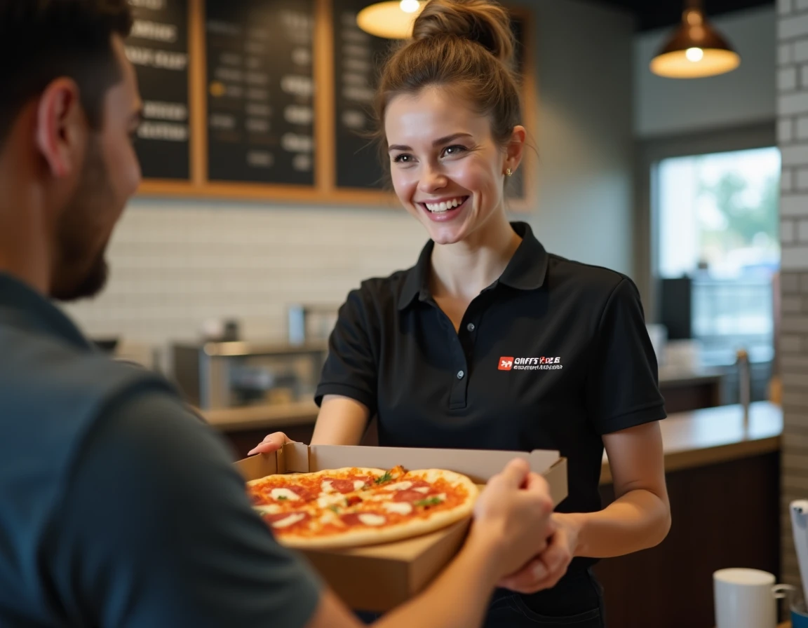 Employée de pizzeria remettant une commande à emporter à un client au comptoir