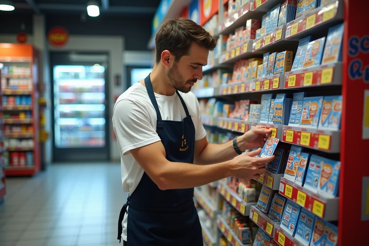 Employé de commerce réapprovisionnant un présentoir de tickets à gratter FDJ dans une épicerie